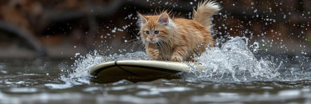 An orange cat skillfully balances on a surfboard while riding through water.の素材