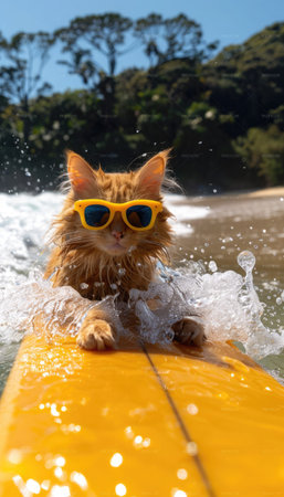 A cat wearing sunglasses rides a surfboard, splashing through ocean waves at a lively beach.の素材