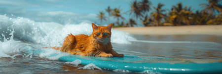 A cat balances on a surfboard as it rides the waves under a clear blue sky.の素材