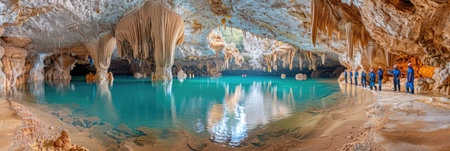 Adventurers gaze in awe at crystal-clear waters surrounded by magnificent stalactites and natural formations.の素材