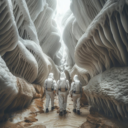 Four adventurers traverse a breathtaking icy canyon, surrounded by towering frozen textures.の素材