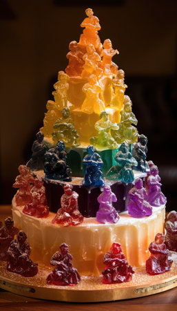 photography shot, Rainbow cake skyscraper. A multi-tiered cake with colorful layers. Each floor is unique in taste and texture. Miniature figures of people and cars create the illusion of a city. --chaos 100 --ar 4:7 --style raw --stylize 1000 --v 6 Job ID: 1ffe4da0-e0e8-466a-a241-891abd024ca9の素材