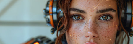 A young woman features freckles and striking eyes, wearing advanced headphones while displaying a digital interface projected onto her face.の素材