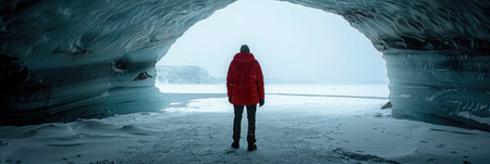 A person dressed in a red jacket gazes out from an icy cave, contemplating the serene winter landscape beyond.の素材