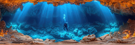 A scuba diver swims through an underwater cave, surrounded by stunning rock formations and glimmers of sunlight.の素材