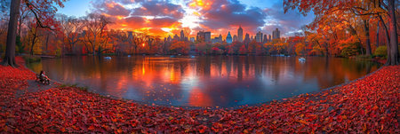 Vibrant autumn colors surround a serene lake in Central Park at sunset, reflecting the skyline and trees.の素材
