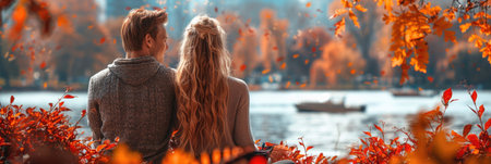 A young couple relaxes on a bank by the water, surrounded by colorful autumn leaves in the afternoon sun.の素材