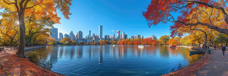 Vibrant autumn foliage surrounds a lake as the city skyline reflects beautifully on the water under clear skies.の素材