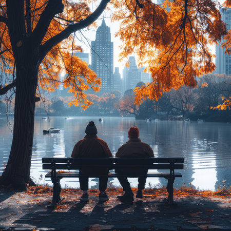 Two friends sit on a bench, admiring the autumn foliage and city skyline reflected on the lake.の素材