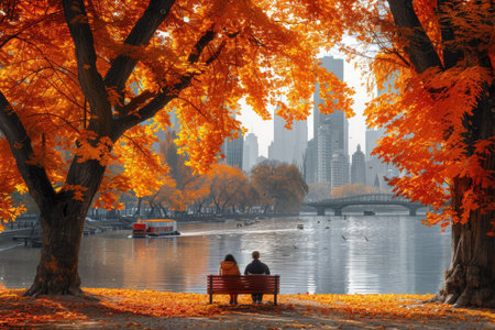 A couple sits on a bench beside a tranquil lake, surrounded by bright orange and yellow autumn leaves.の素材