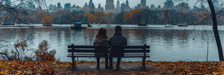 A couple enjoys a quiet moment on a park bench as colorful autumn leaves drift onto the lake\'s surface.の素材