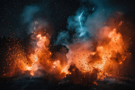 An intense eruption occurs, sending flames and sparks high into the dark sky under a thunderstorm.の素材