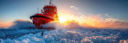 An icebreaker ship moves through icy waters, creating waves at sunrise, surrounded by a colorful sky.の素材