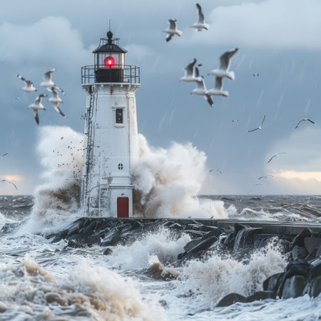 Strong waves crash against a lighthouse while seagulls soar above in a dramatic stormy weather setting.の素材