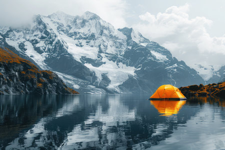 A vibrant tent sits on the shore of a tranquil lake, reflecting the towering snow covered peaks nearby.の素材
