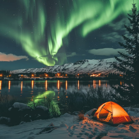 An orange tent glows softly in a snowy landscape while vibrant northern lights dance above, reflecting on the lake.の素材