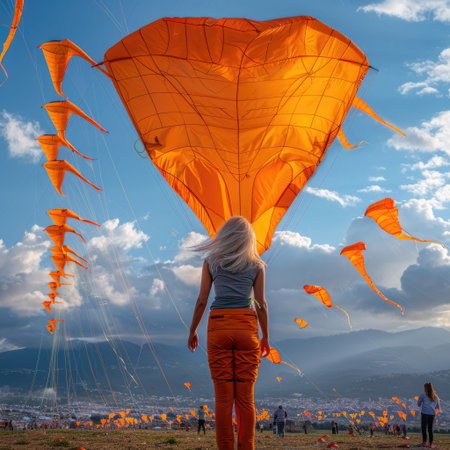 A woman stands in awe as colorful orange kites fill the sky during an autumn festival, showcasing a lively atmosphere.の素材