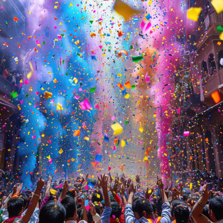 A lively festival takes place in a beautifully adorned courtyard as confetti and colored powder fill the air, celebrating with joy.の素材