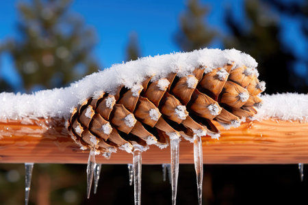 A pine cone rests on a wooden railing, adorned with snow and icicles under a clear blue sky.の素材