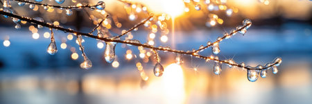 Dew drops glisten on branches as the sun rises, casting a warm glow over the serene landscape.の素材