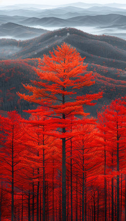 Tall, bright red trees rise majestically, shrouded in mist, showcasing the beauty of autumn in mountainous terrain.の素材