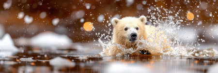 A polar bear runs through icy waters, creating a splash against a backdrop of shimmering ice and warm colors.の素材