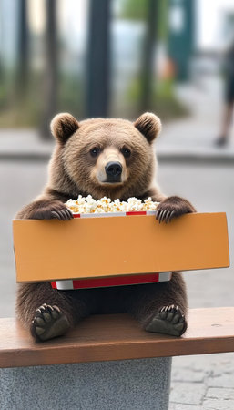 A young bear happily holds a large box of popcorn as it sits on a bench in a sunlit park.の素材