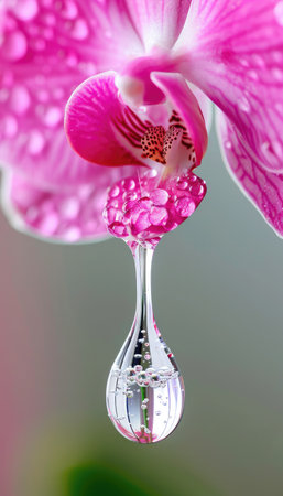 A vibrant pink orchid hangs gracefully, with a clear droplet reflecting its petals, showing nature\'s artistry.の素材