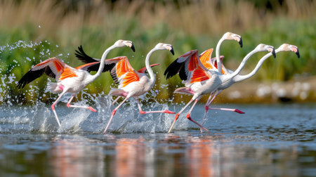 A group of flamingos are energetically running through the shallow water, creating splashes as they move.の素材