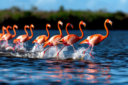 A group of vibrant flamingos moves through the shimmering waters, showing their elegance and color.の素材