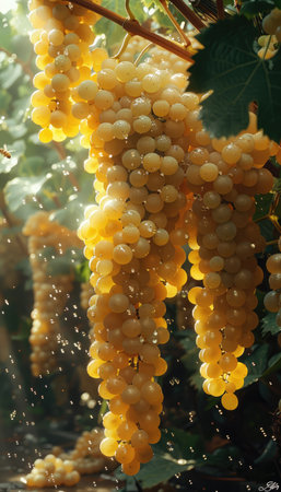 Golden grape clusters hang from lush vines, glistening with droplets of morning dew in a serene vineyard.の素材