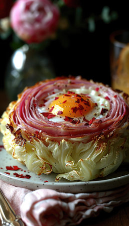 A unique dish features a baked cabbage surround filled with ham, an egg, and spicy chili flakes, perfect for brunch.の素材