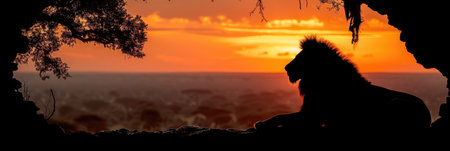 A majestic lion relaxes in the foreground while a stunning sunset paints the sky with vivid colors.の素材