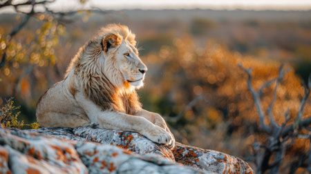 A powerful lion lies calmly on a rocky surface as the warm sunlight envelops the scene, highlighting its mane.の素材