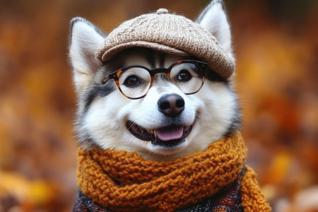 This charming canine dons a warm hat and glasses, posing happily amidst vibrant autumn leaves.の素材