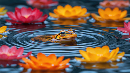 A brightly colored frog floats on a peaceful pond surrounded by pink and yellow water lilies during sunset.の素材