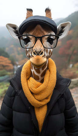 A giraffe dons glasses and a cozy scarf, blending whimsy with elegance against a fall backdrop.の素材