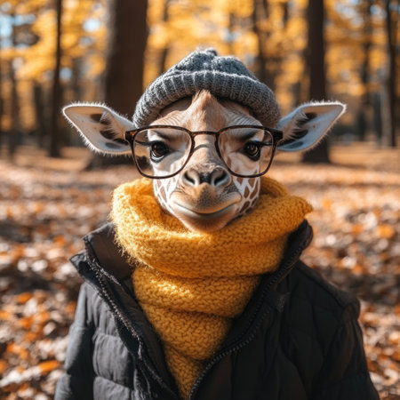 A giraffe dressed in a cozy scarf and glasses stands among vibrant autumn trees, showing casing fall colors.の素材