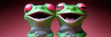 Two red eyed tree frogs display their vibrant colors and cheerful expressions, creating a playful atmosphere.の素材