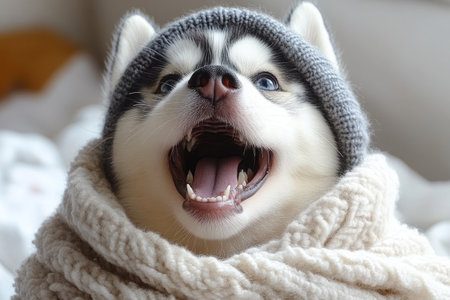 A husky puppy is happily wearing a knitted hat and fluffy scarf, radiating joy on a chilly day.の素材