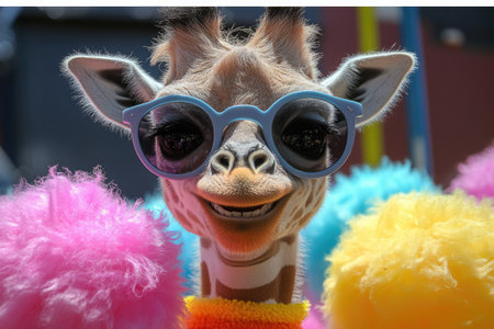 A happy giraffe adorned with sunglasses and colorful fluffy decorations enjoys an outdoor celebration, radiating joy.の素材