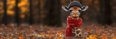 A young giraffe wearing a cozy scarf and hat stands surrounded by vibrant autumn foliage, creating a charming scene.の素材