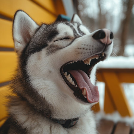 A playful Siberian Husky yawns contentedly while enjoying the chilly air near a cabin in winter.の素材