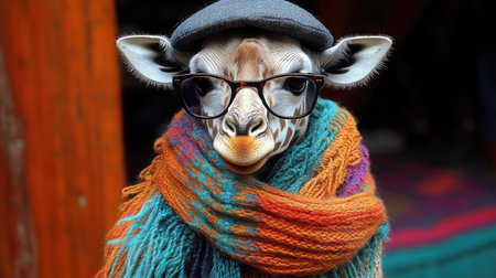 This unique giraffe sports stylish glasses and a vibrant scarf while standing in a cozy atmosphere.の素材