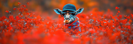 A giraffe wearing sunglasses and a stylish hat playfully poses in a field of bright red flowers at dusk.の素材