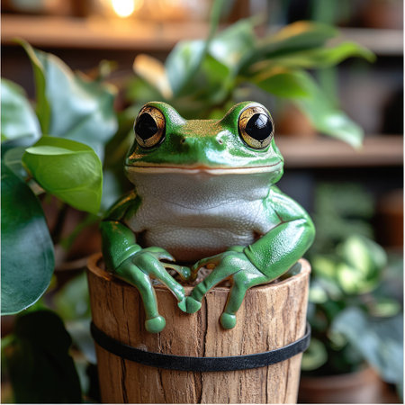 A green frog perches on a wooden planter, surrounded by lush houseplants in a cozy indoor setting.の素材