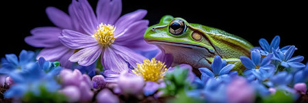 A lively green frog sits peacefully among various flowers, showing beautiful colors in a tranquil environment.の素材