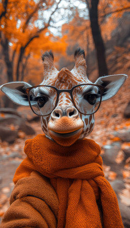 A charming giraffe dressed in glasses and a cozy scarf smiles amid an autumn forest filled with warm colors.の素材