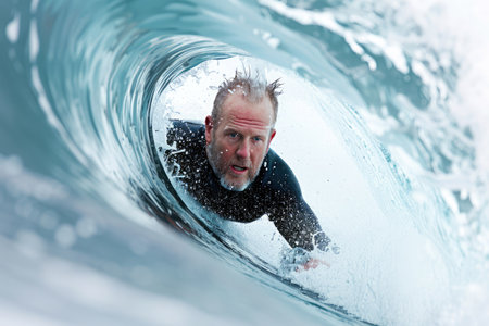 A man in a wetsuit expertly rides a wave, showing his surfing skills at the beach under overcast skies.の素材