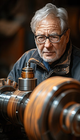 An elderly man focused intently on crafting a mechanical component, surrounded by tools in a workshop.の素材